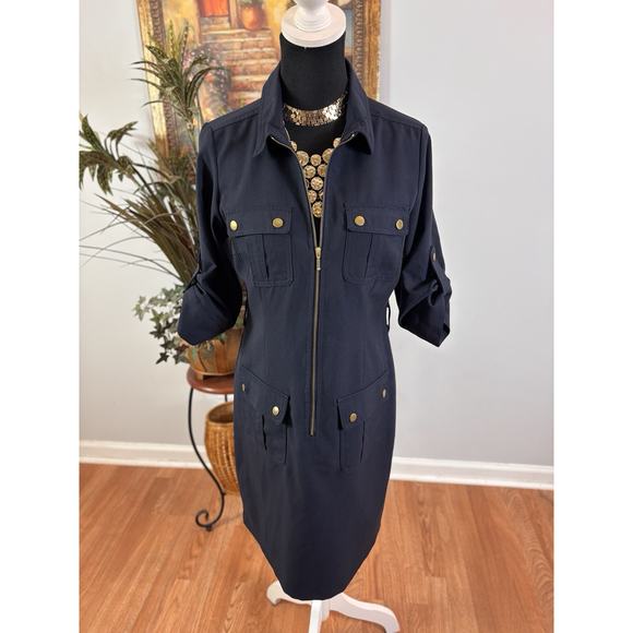 Sharagano Women Shift Collared Zip Up Size 6Dress 4 Pockets Navy Blue - Picture 2 of 10